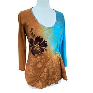 Vintage 90s Y2K Bamboo Co Beaded Shirt Multicolor Floral Stretch Grunge Phoebe-L